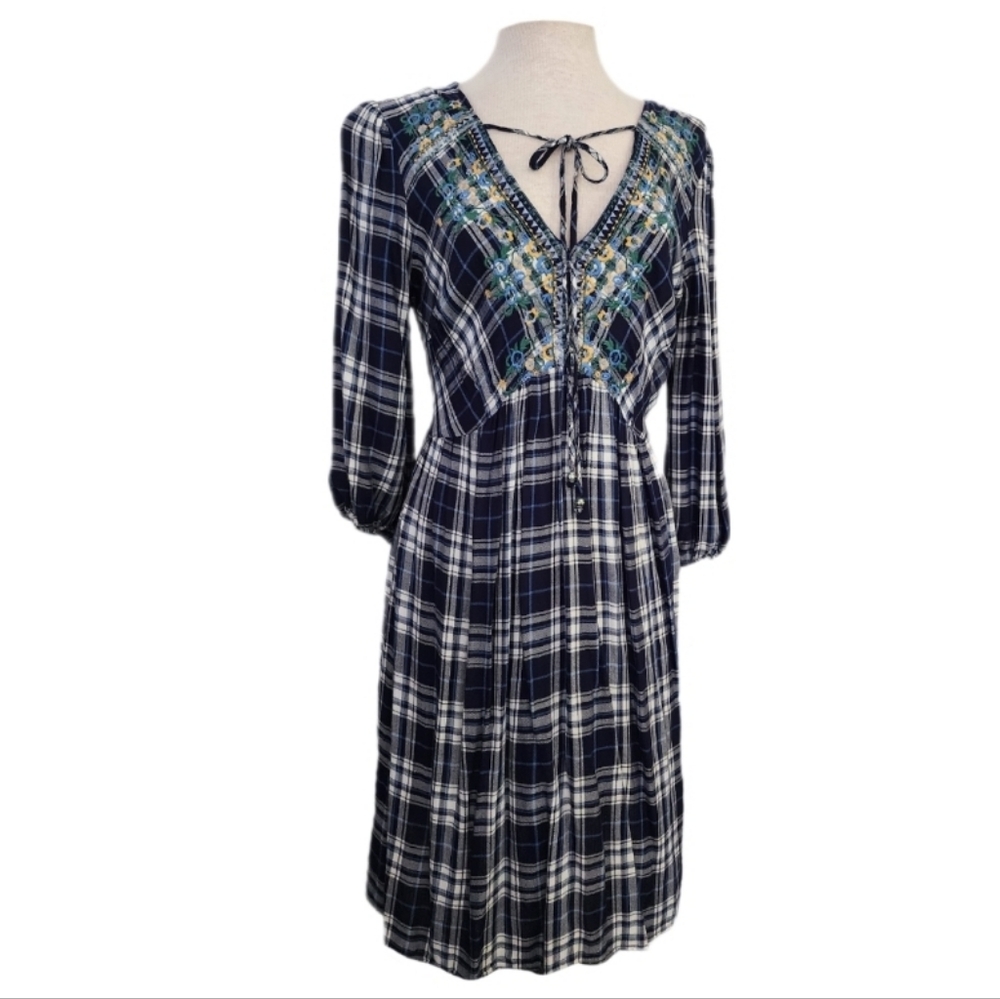 Westport 1962 Dress Boho Plaid with Floral Embroidery Detail V Neck Blue Size M